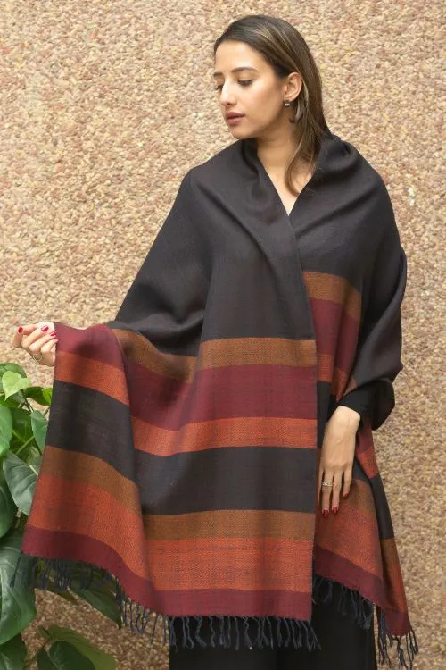 TICH Fine, Soft Himachal Wool Striped Stole - Black, Rust