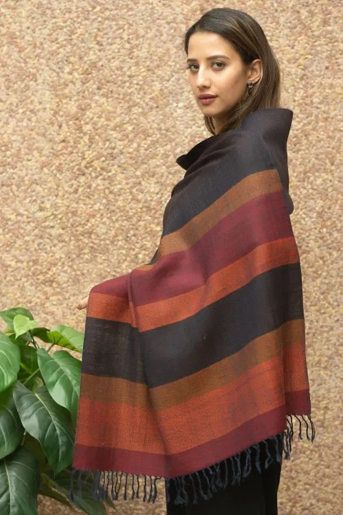 TICH Fine, Soft Himachal Wool Striped Stole - Black, Rust