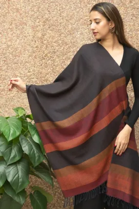 TICH Fine, Soft Himachal Wool Striped Stole - Black, Rust