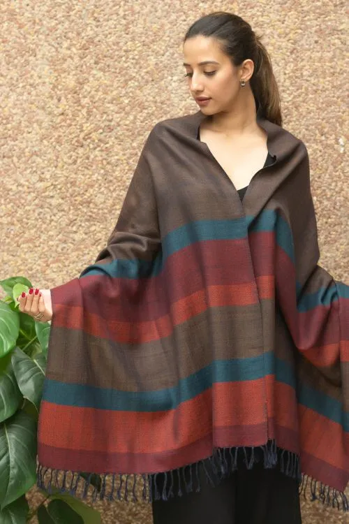 TICH Fine, Soft Himachal Wool Striped Stole - Brown