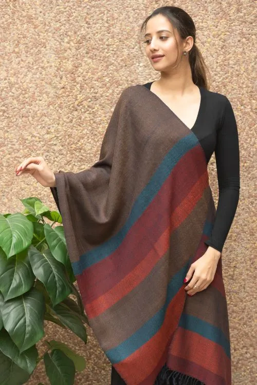 TICH Fine, Soft Himachal Wool Striped Stole - Brown