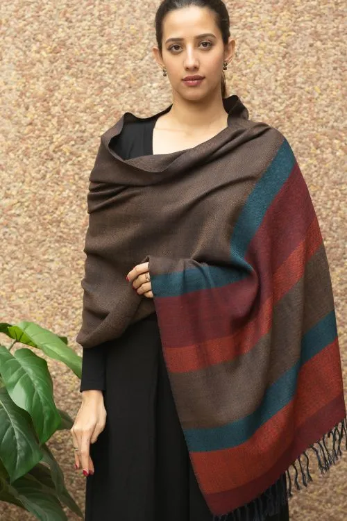 TICH Fine, Soft Himachal Wool Striped Stole - Brown