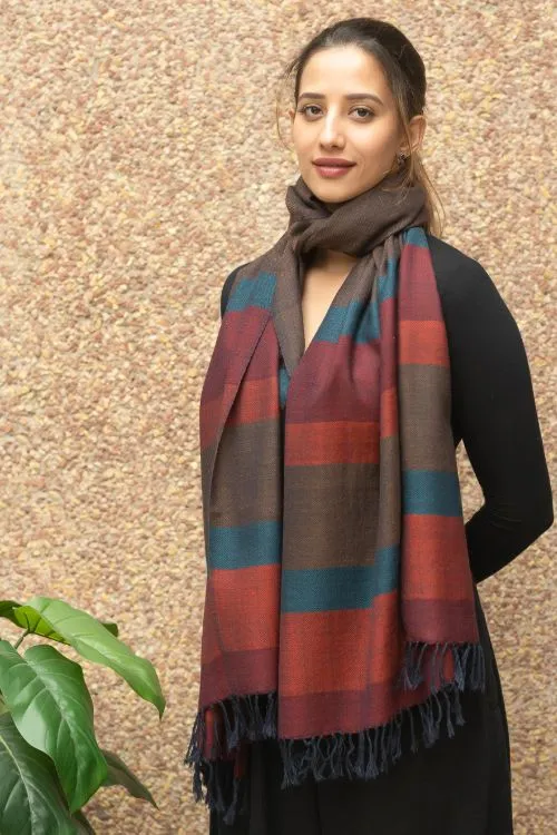 TICH Fine, Soft Himachal Wool Striped Stole - Brown