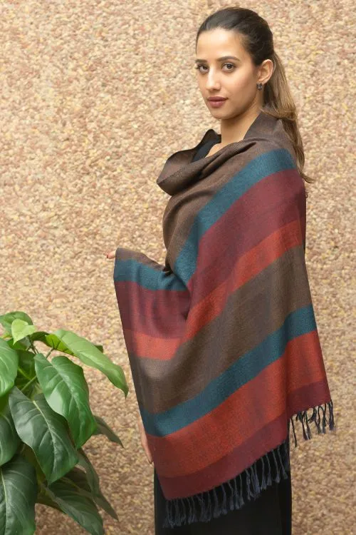 TICH Fine, Soft Himachal Wool Striped Stole - Brown