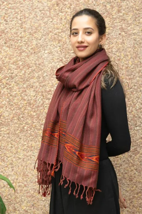 TICH Fine, Soft Himachal Wool Striped Stole - Maroon & Brown