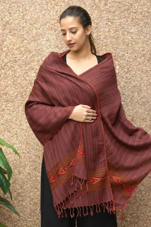 TICH Fine, Soft Himachal Wool Striped Stole - Maroon & Brown