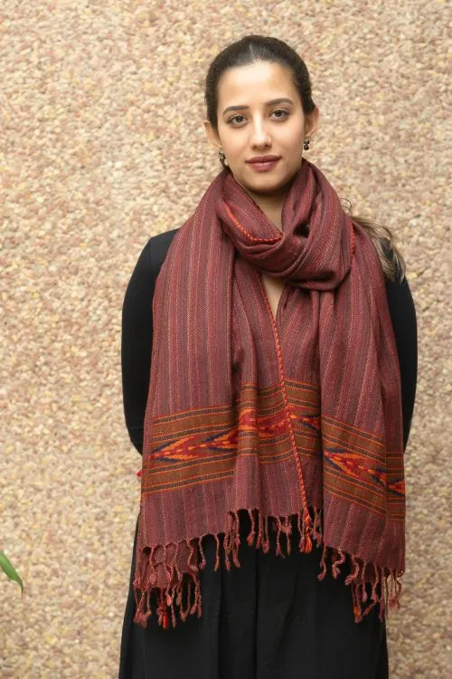 TICH Fine, Soft Himachal Wool Striped Stole - Maroon & Brown