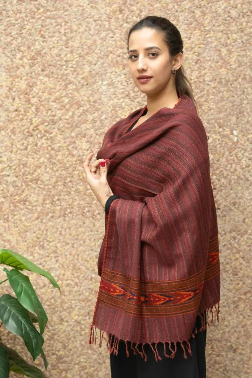 TICH Fine, Soft Himachal Wool Striped Stole - Maroon & Brown