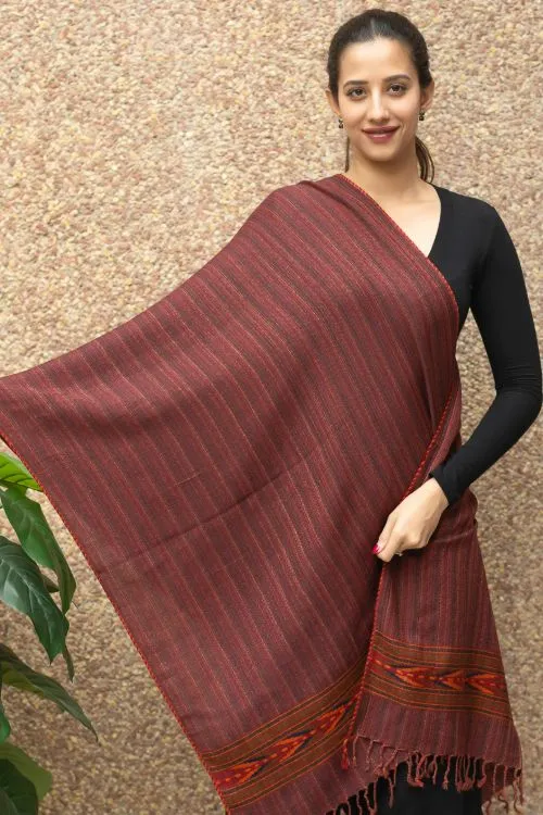 TICH Fine, Soft Himachal Wool Striped Stole - Maroon & Brown