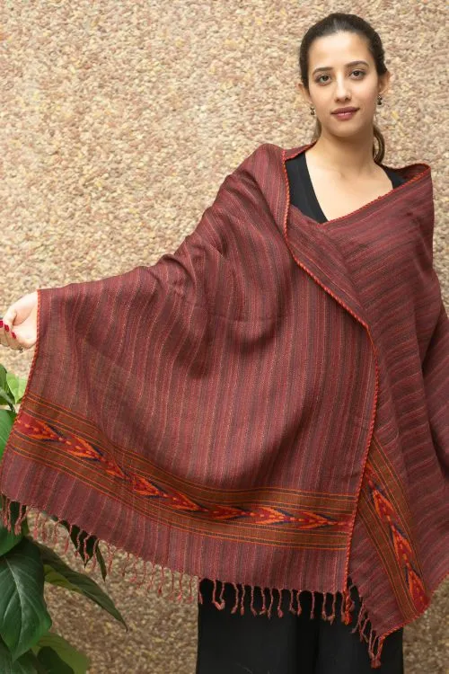 TICH Fine, Soft Himachal Wool Striped Stole - Maroon & Brown