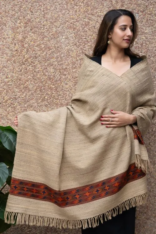 TICH Himachal Hand Woven Thick Wool Shawl - Beige & Red