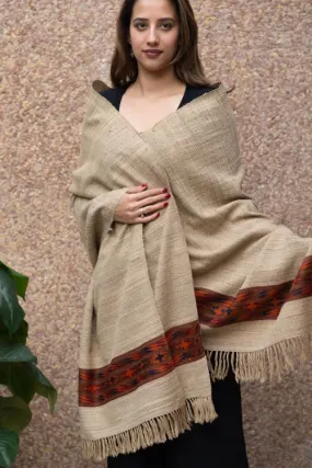 TICH Himachal Hand Woven Thick Wool Shawl - Beige & Red