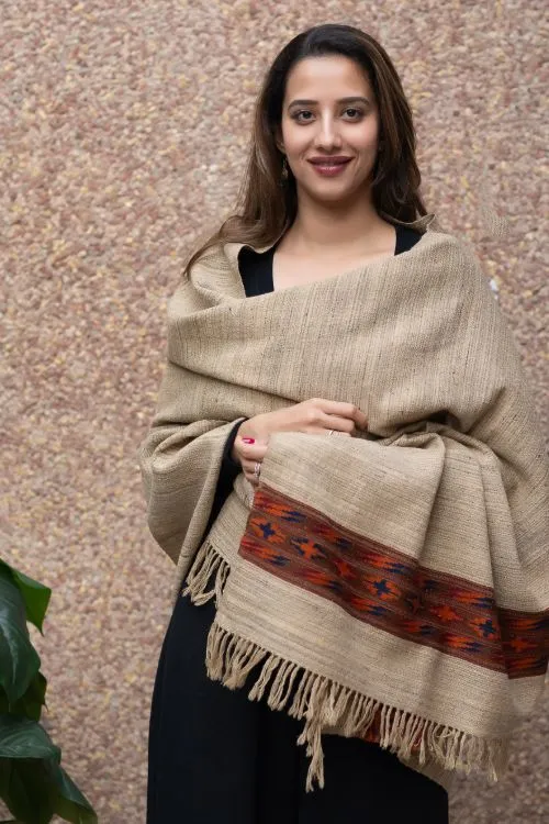 TICH Himachal Hand Woven Thick Wool Shawl - Beige & Red