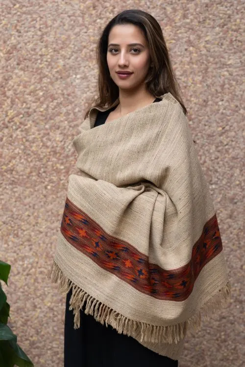 TICH Himachal Hand Woven Thick Wool Shawl - Beige & Red