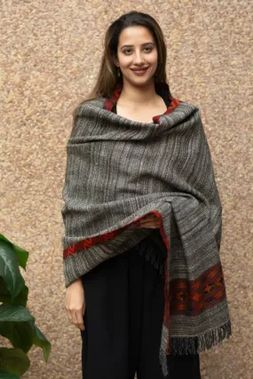 TICH Himachal Hand Woven Thick Wool Shawl - Grey & Red