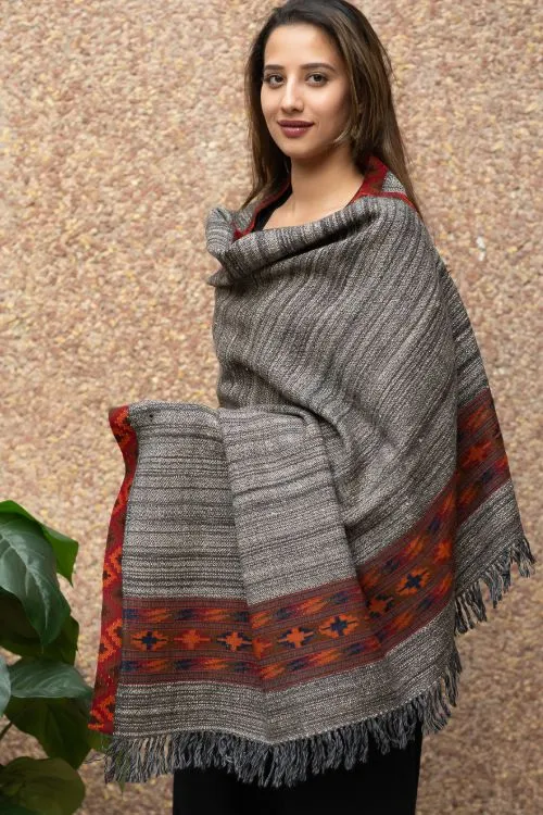 TICH Himachal Hand Woven Thick Wool Shawl - Grey & Red