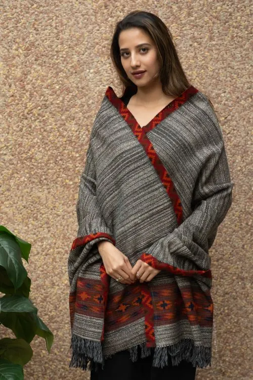 TICH Himachal Hand Woven Thick Wool Shawl - Grey & Red