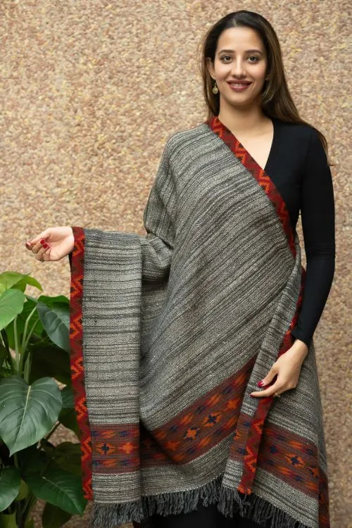 TICH Himachal Hand Woven Thick Wool Shawl - Grey & Red