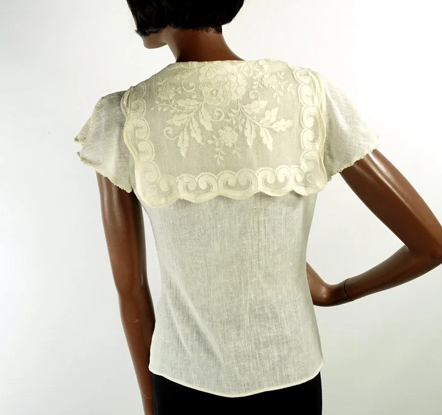 Vintage 70s Boho Blouse Top Gauze & Lace Sailor Collar Small to Extra Small VFG