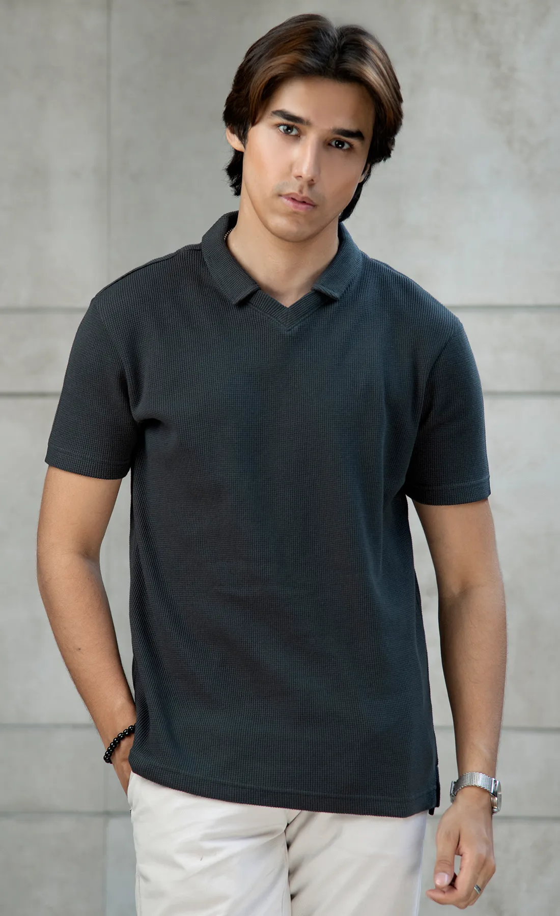 Waffle Knit Polo Black (V-Neck)