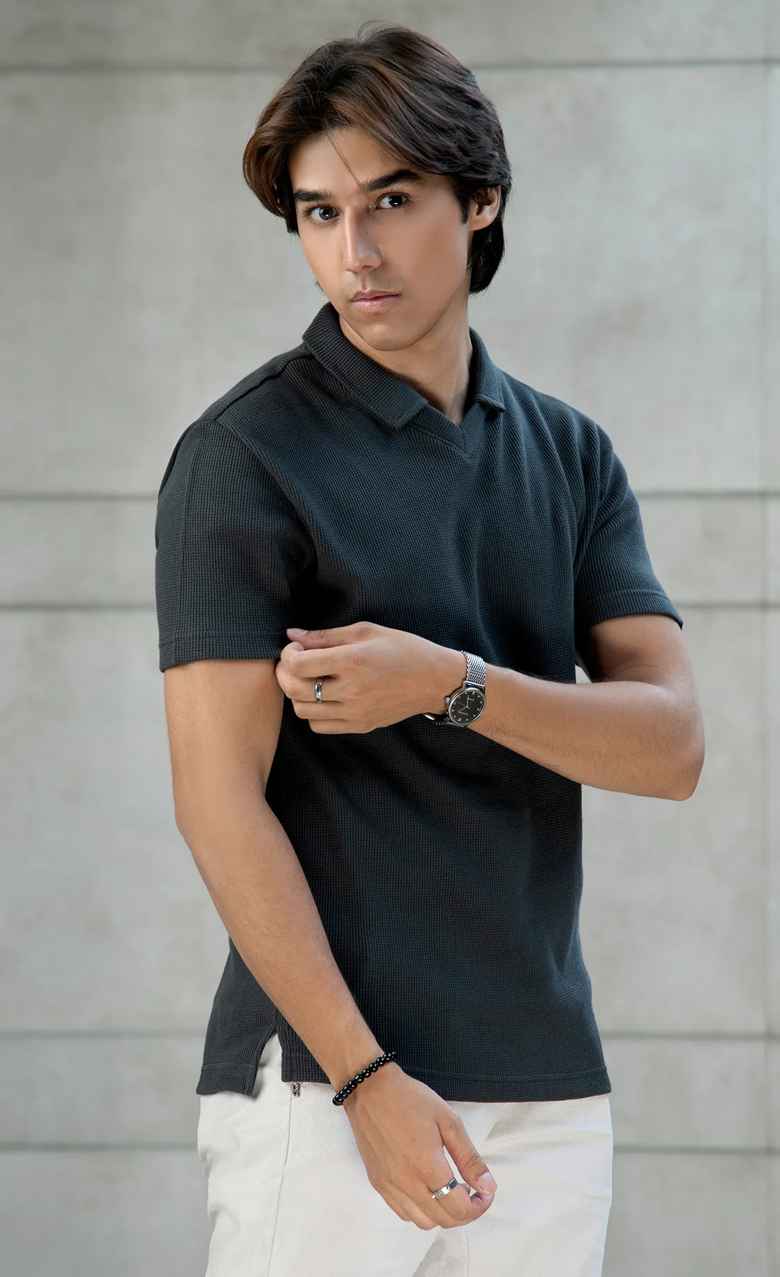 Waffle Knit Polo Black (V-Neck)