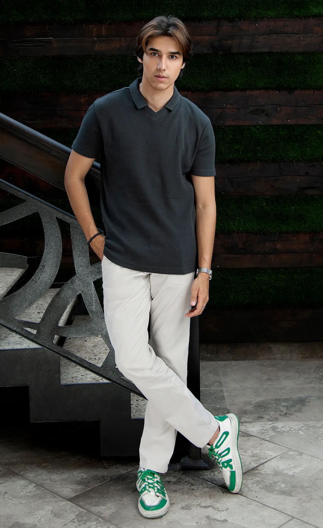 Waffle Knit Polo Black (V-Neck)