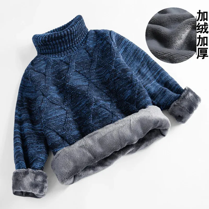 Winter Big Children Thick Sweaters Boy Girl Knitted Turtleneck Kids High Collar Pullover Sweater Plus Velvet Warm Knitwear 2-10Y