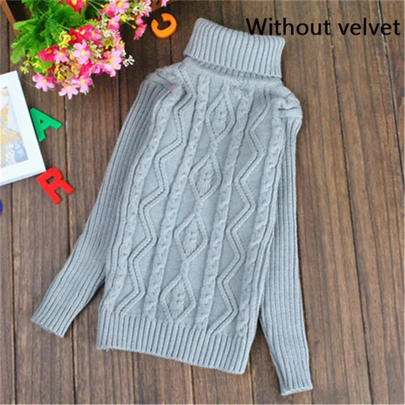 Winter Big Children Thick Sweaters Boy Girl Knitted Turtleneck Kids High Collar Pullover Sweater Plus Velvet Warm Knitwear 2-10Y