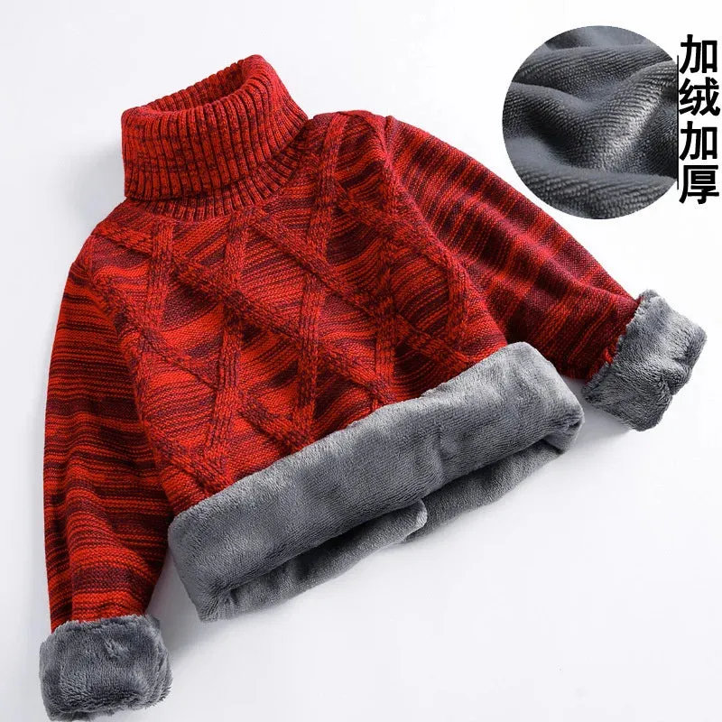 Winter Big Children Thick Sweaters Boy Girl Knitted Turtleneck Kids High Collar Pullover Sweater Plus Velvet Warm Knitwear 2-10Y