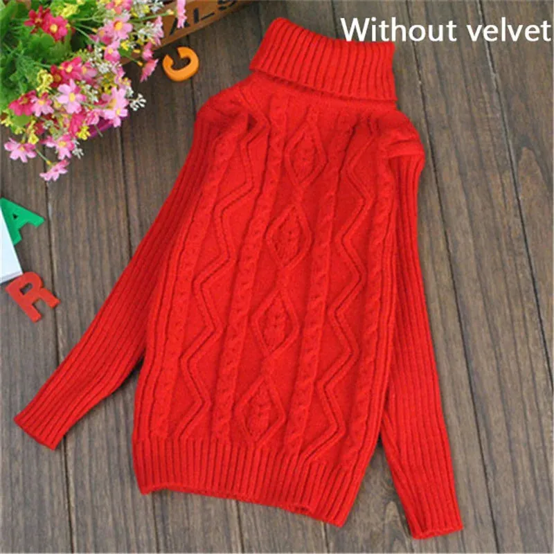 Winter Big Children Thick Sweaters Boy Girl Knitted Turtleneck Kids High Collar Pullover Sweater Plus Velvet Warm Knitwear 2-10Y