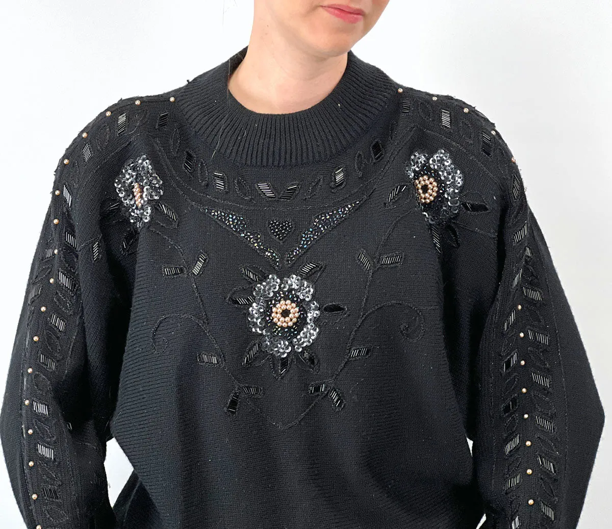 Women's 80s Gem Sweater Cropped 90s Pullover Hong Kong Beaded Sequinned Pearls Mariea Kim VFG