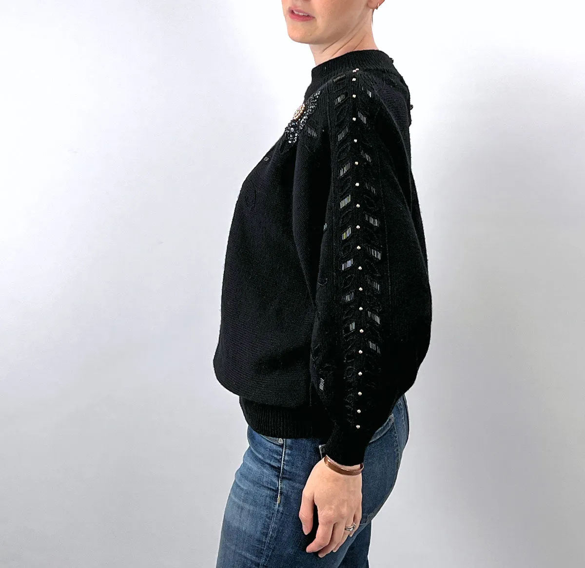 Women's 80s Gem Sweater Cropped 90s Pullover Hong Kong Beaded Sequinned Pearls Mariea Kim VFG