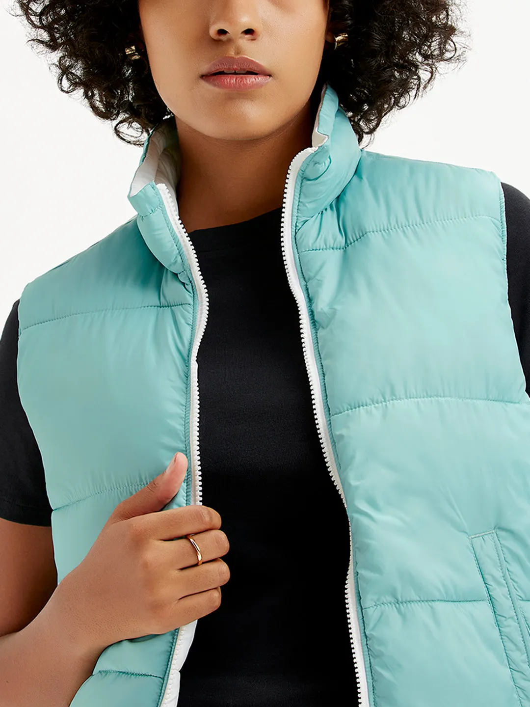 Women's Quilted Light-Blue High Neck Puffer Jacket