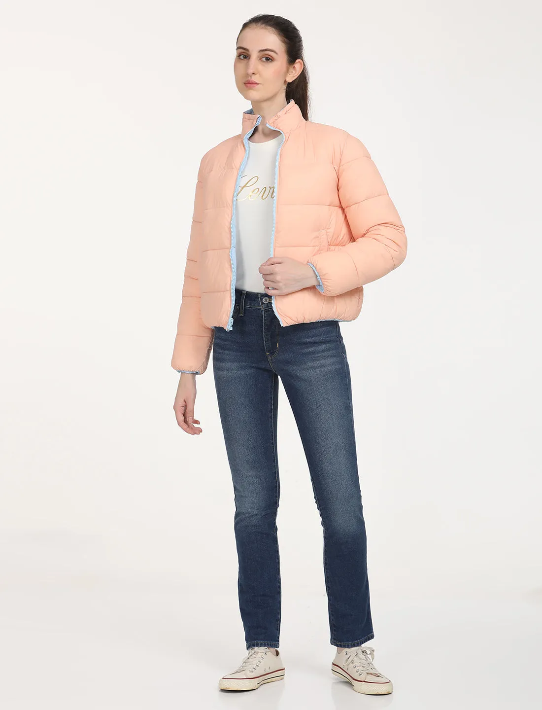 Women's Quilted Light-Pink High Neck Puffer Jacket