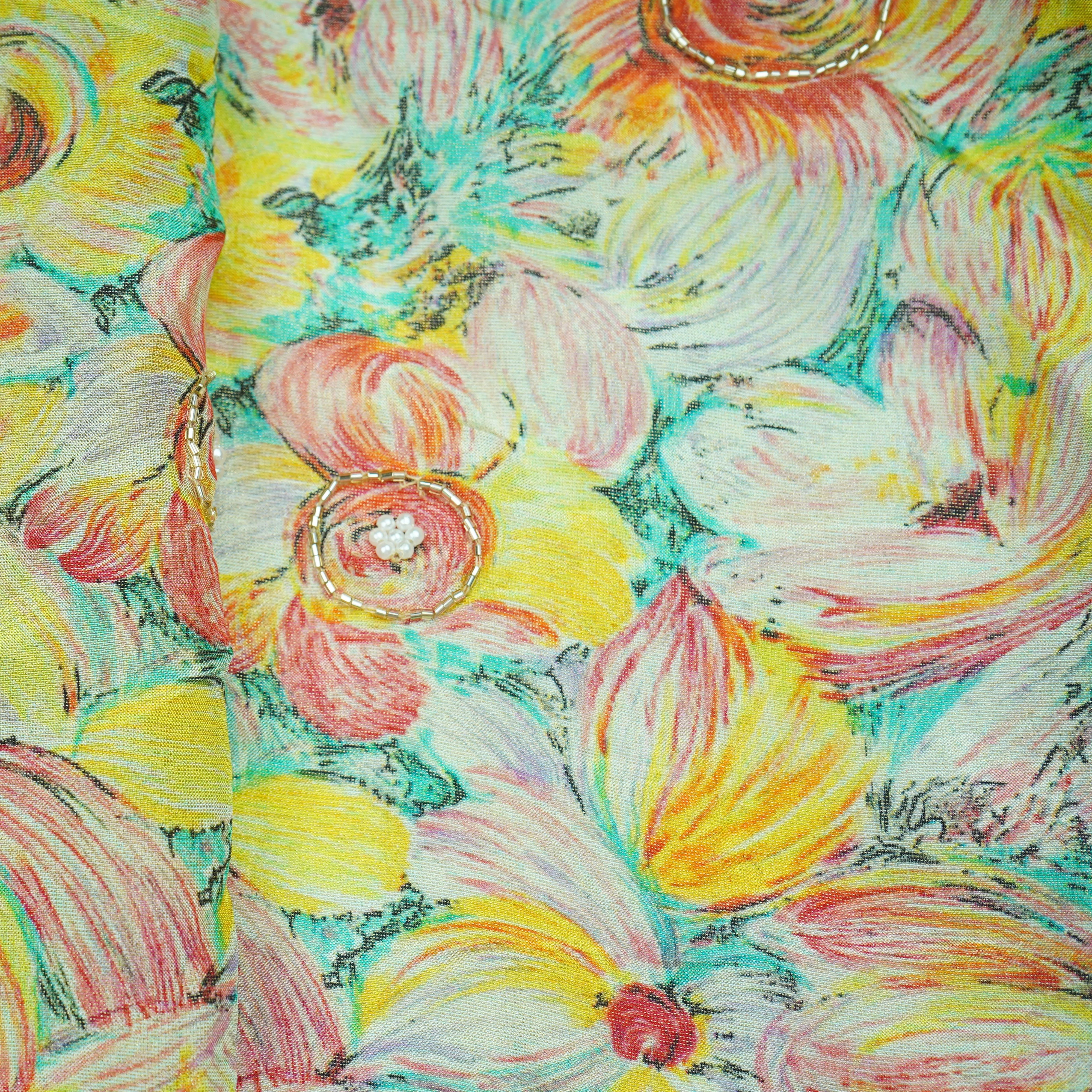 Yellow Cutdana & Pearl Floral Print Pure Tissue Fabric 21278