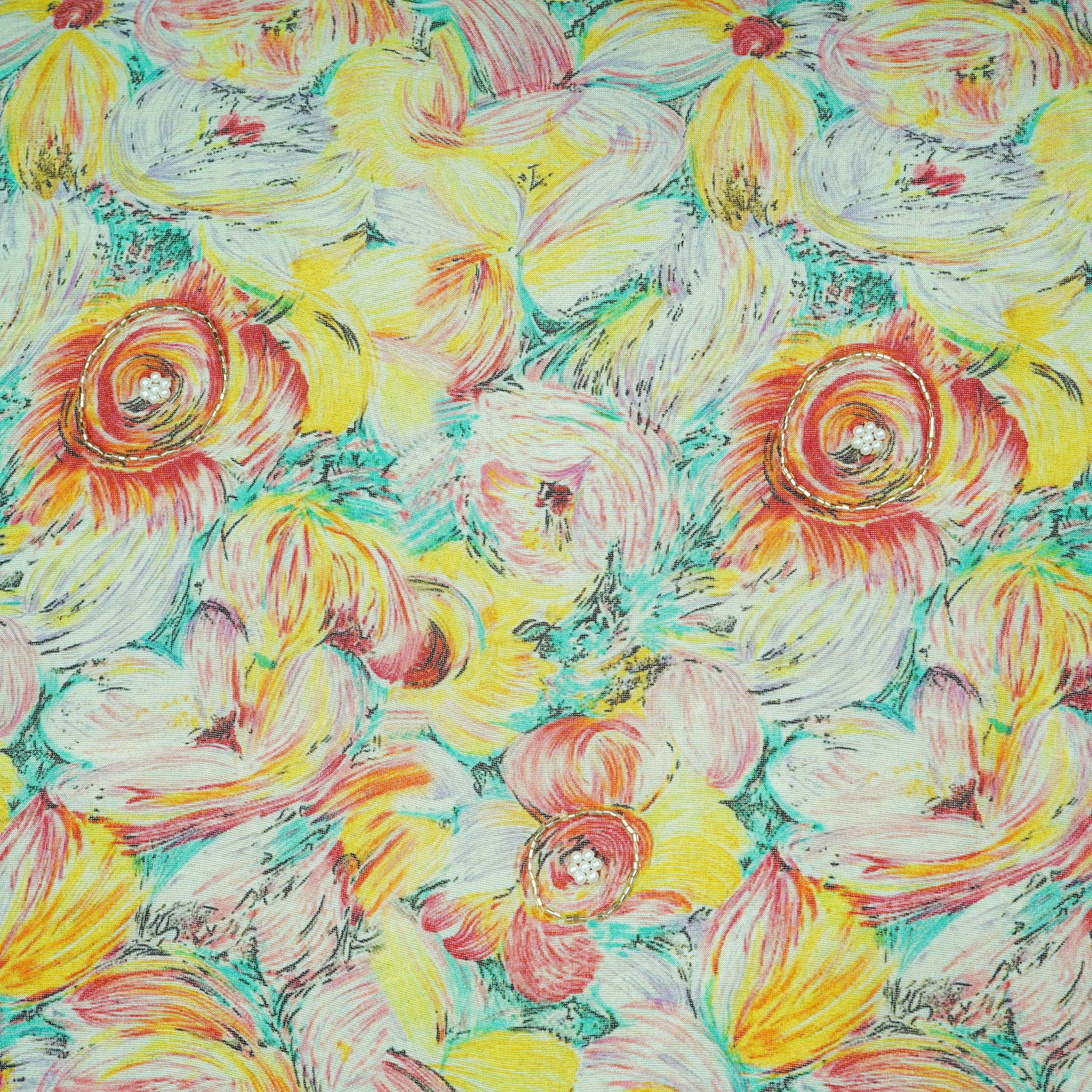 Yellow Cutdana & Pearl Floral Print Pure Tissue Fabric 21278